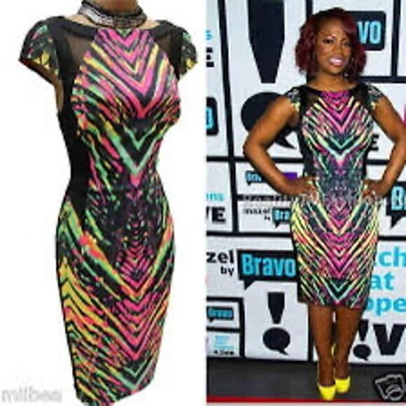 Karen Millen Dresses & Skirts - Karen Millen Abstract Tribal Black Dress Celebrity Neon Hot Midi Bodycon Size 8